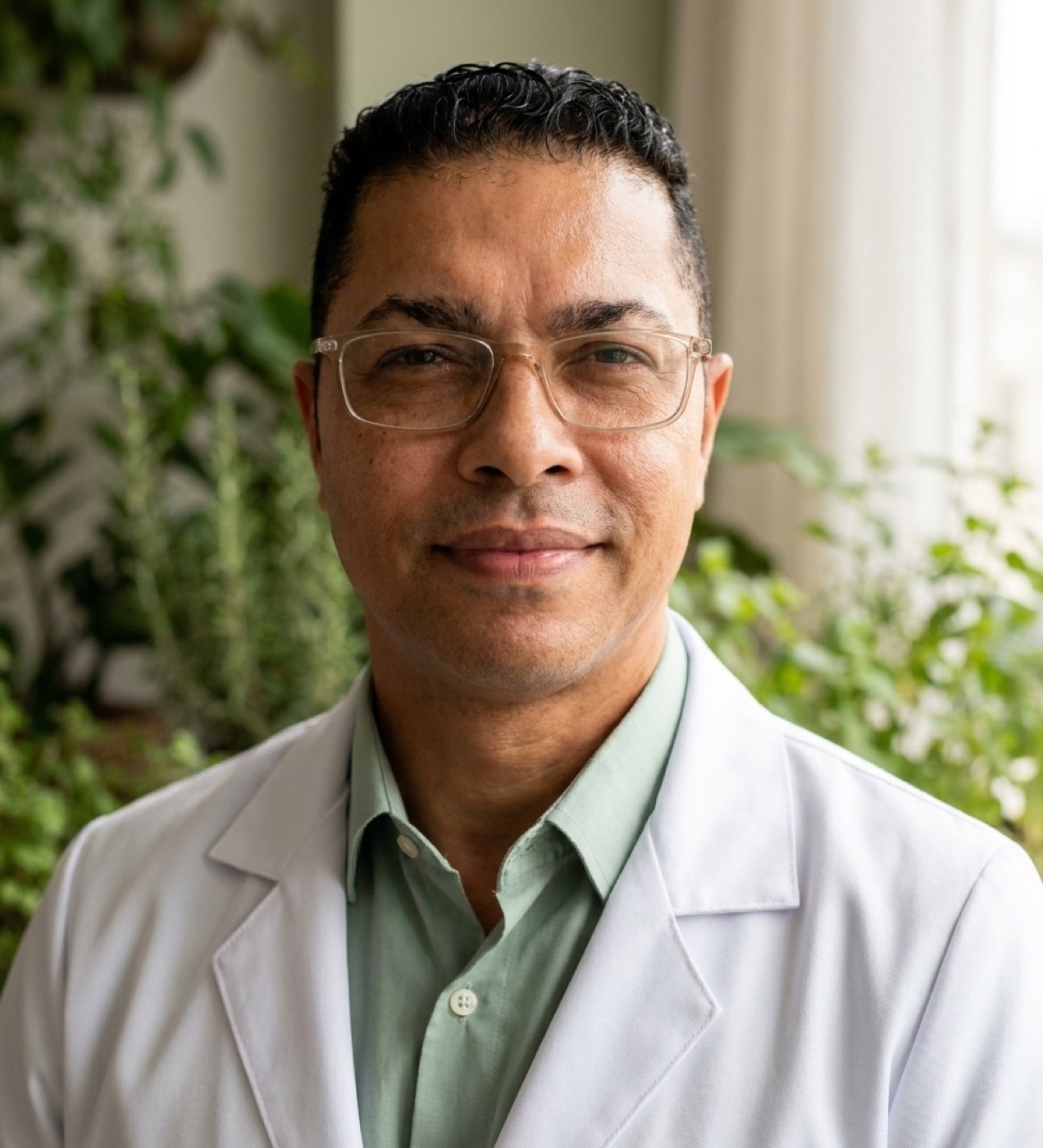 Retrato de Valmir Néllis, naturologista, de jaleco entre plantas